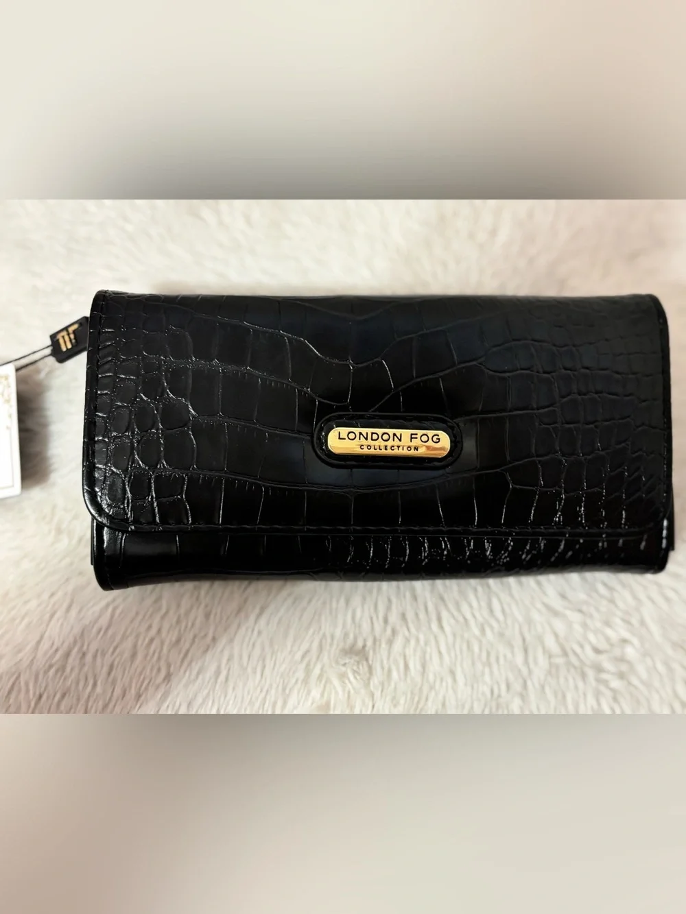 London Fog Black Croc-Embossed Clutch with Gold Logo Plaque